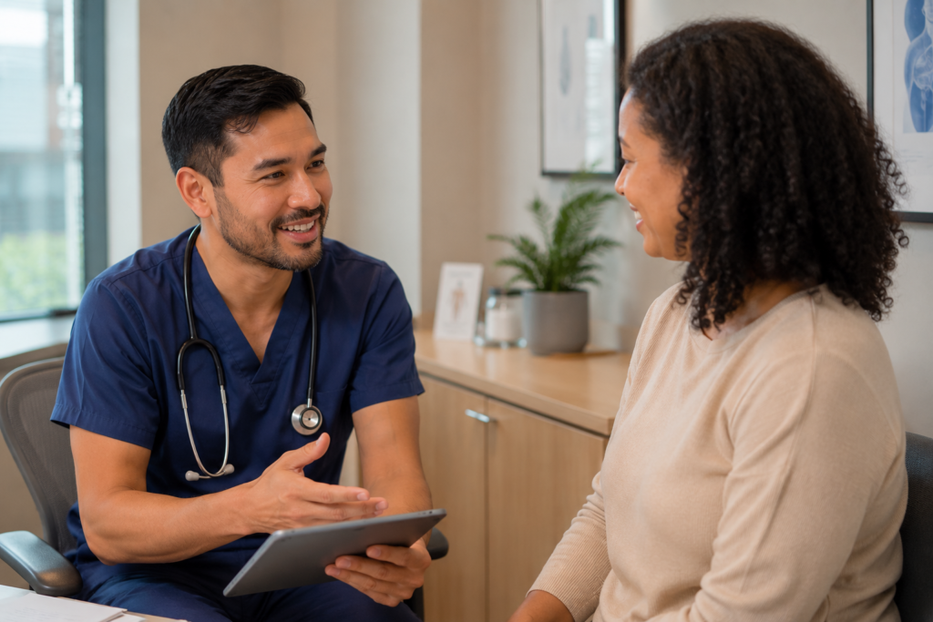 Doctor communicating with a patient during a clinical consultation