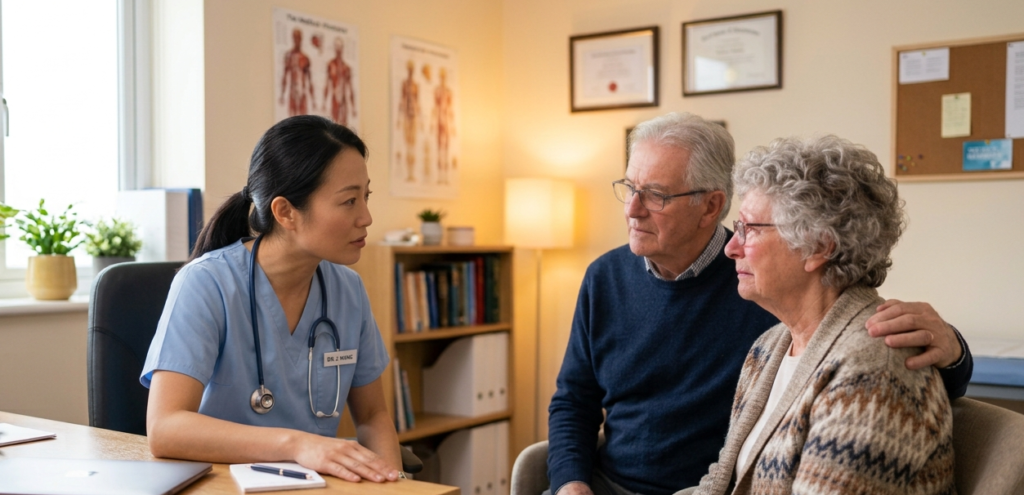 Clinical communication skills for IMGs demonstrated by a doctor speaking with an older couple