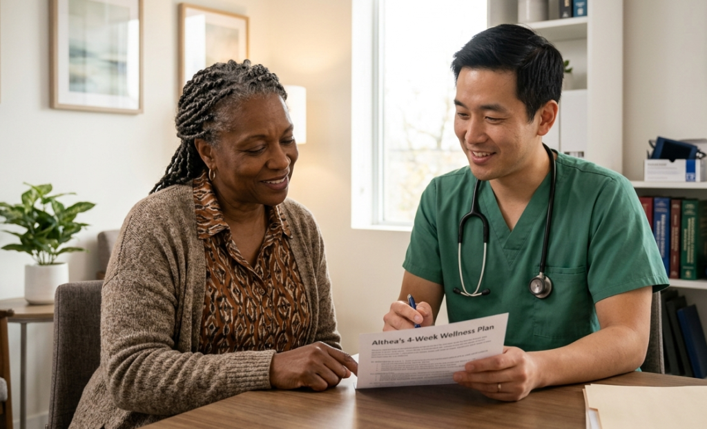 Doctor using patient-centred lifestyle advice during a consultation